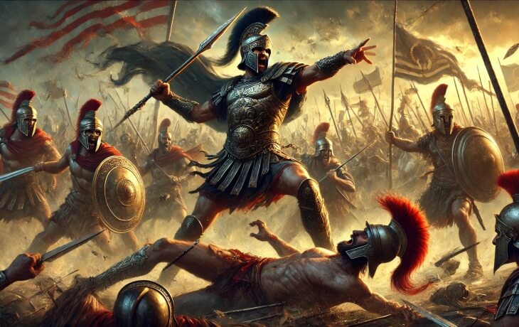 Aeneas, Troyalı savaşçıları cesaretlendirmek için savaş alanında ön saflarda yer alıyor. Akhalara karşı büyük bir mücadele verirken, elindeki mızrakla düşmanını alt ediyor.